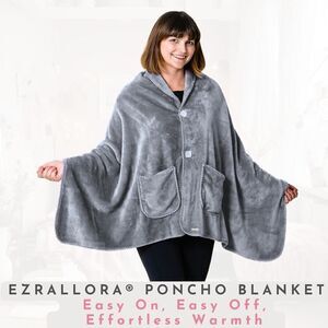 EzrAllora Grey Poncho Blanket for Women - No Sleeves - Fleece Wrap Shawl with Po